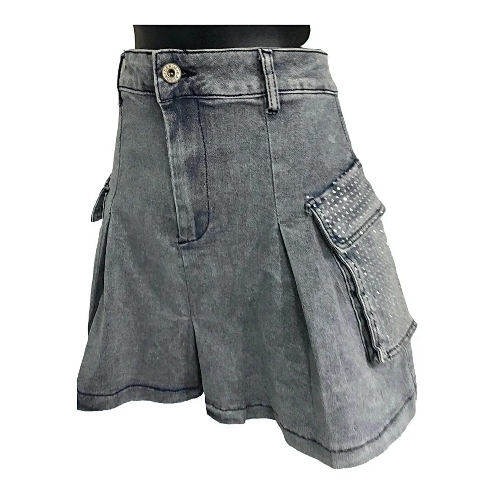 A-line crystal embellished rhinestone utility cargo style mini denim jeans skirt